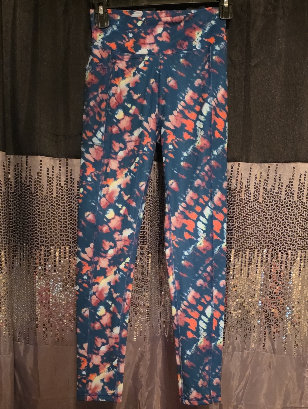 tek gear Navy Tie-Dye Leggings with Coral and Yellow Accents